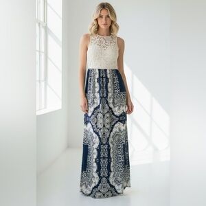 Charlotte Russe Cream and Blue Lace Maxi Dress Size XS